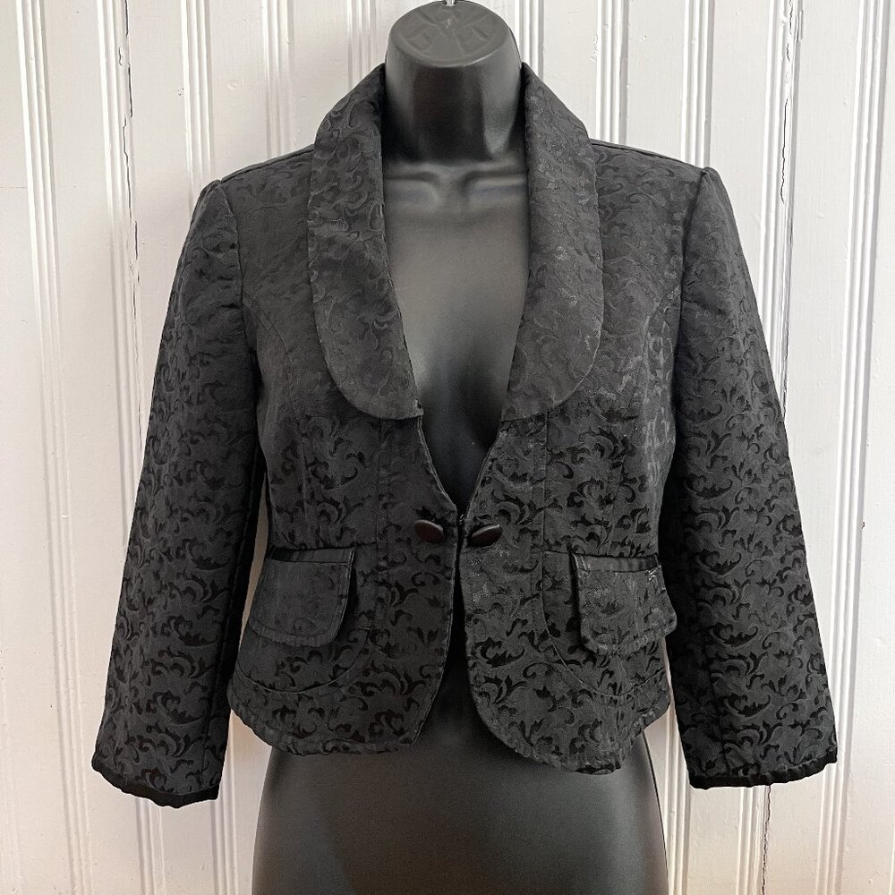 DKNY Jeans Black Damask Shawl Collar 3/4 Sleeve Blazer, Size Small